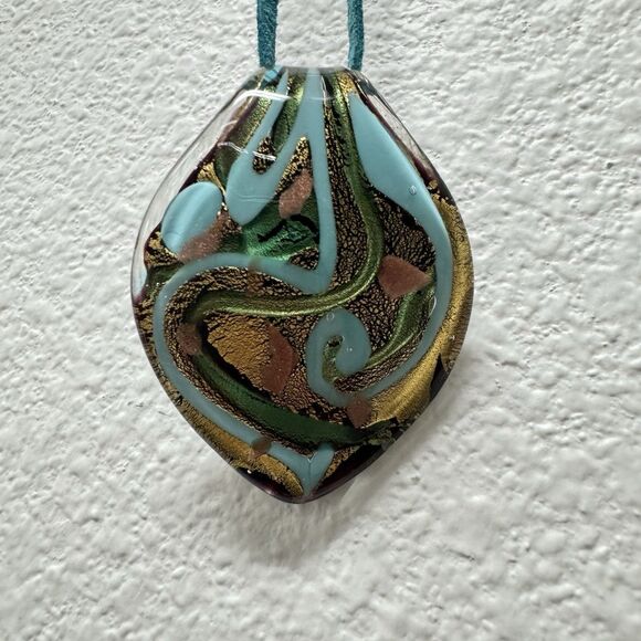 Murano Glass Necklace Pendant Black Teal Blue Green Aqua Art Deco 2" Leather - Picture 10 of 12